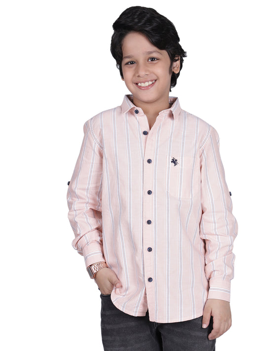 Boys Striped Pink Full Sleeves Spread Collar Casual Shirt