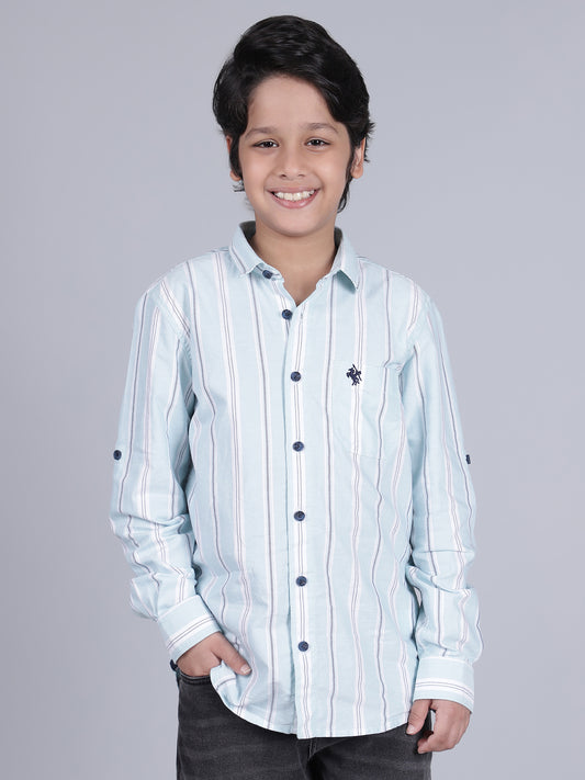 Boys Striped Blue Full Sleeves Spread Collar Casual Shirt