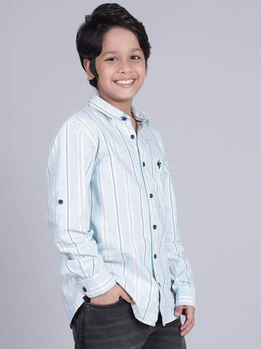 Boys Striped Blue Full Sleeves Spread Collar Casual Shirt