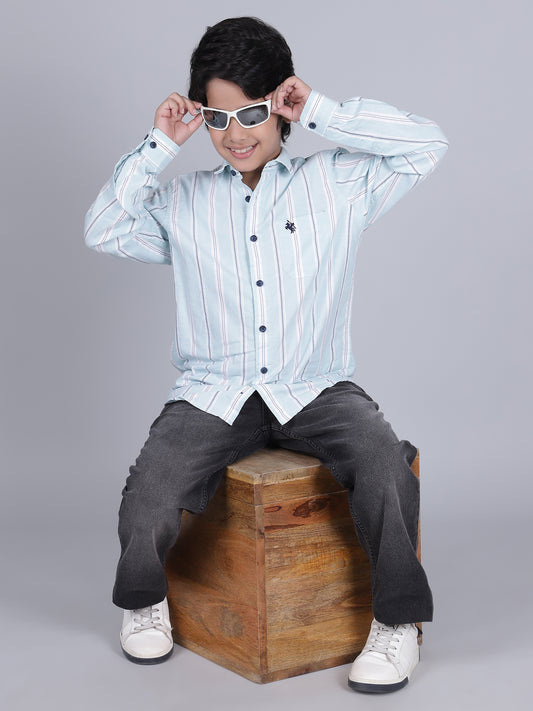 Boys Striped Blue Full Sleeves Spread Collar Casual Shirt