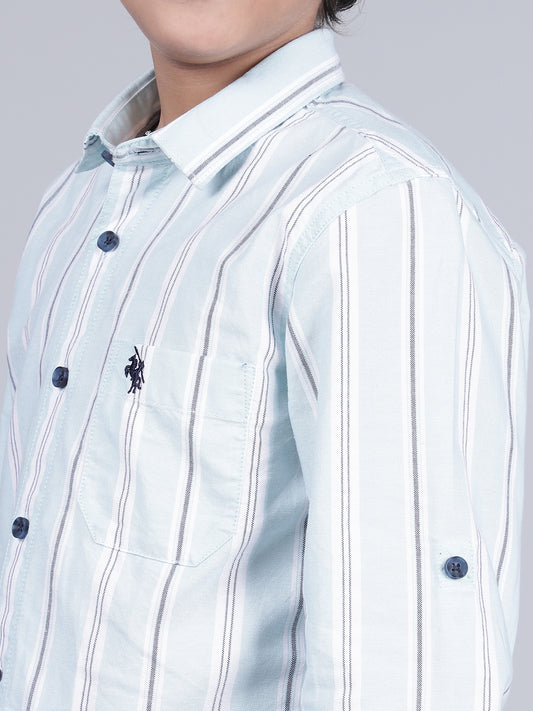 Boys Striped Blue Full Sleeves Spread Collar Casual Shirt