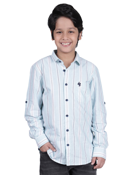 Boys Striped Blue Full Sleeves Spread Collar Casual Shirt