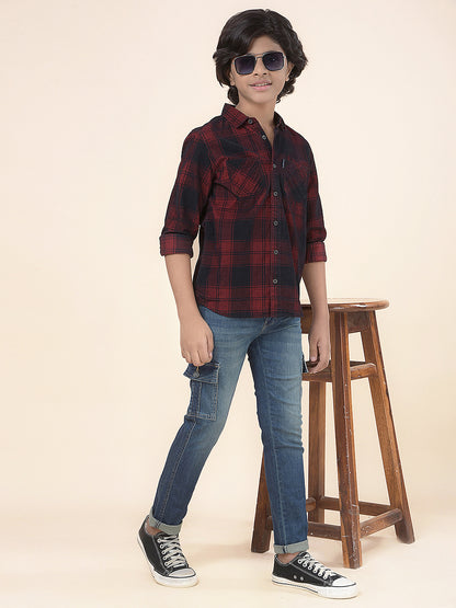 Casual Shirt for Boys l Breathable & Soft with Color Fastness Regular Fit Spread Collar Cotton Fabric Checkered Pattern