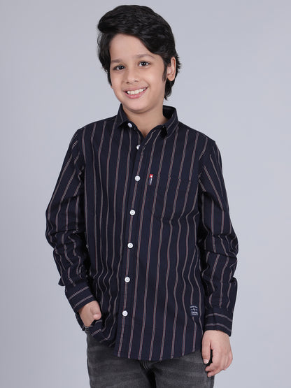 Boys Striped Navy Blue Full Sleeves Spread Collar Casual Shirt