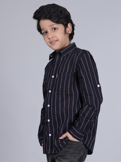 Boys Striped Navy Blue Full Sleeves Spread Collar Casual Shirt