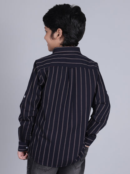 Boys Striped Navy Blue Full Sleeves Spread Collar Casual Shirt