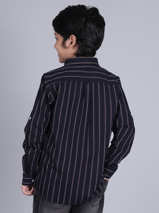 Boys Striped Navy Blue Full Sleeves Spread Collar Casual Shirt
