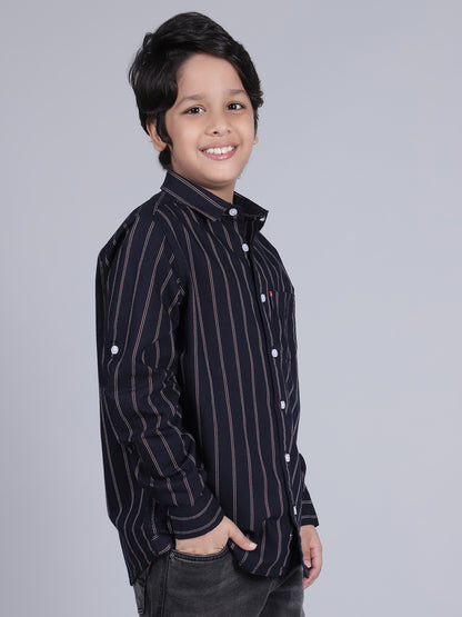 Boys Striped Navy Blue Full Sleeves Spread Collar Casual Shirt