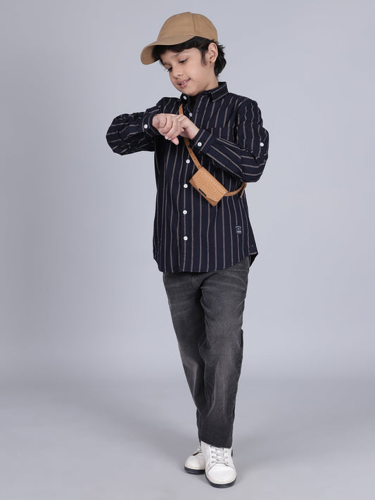 Boys Striped Navy Blue Full Sleeves Spread Collar Casual Shirt