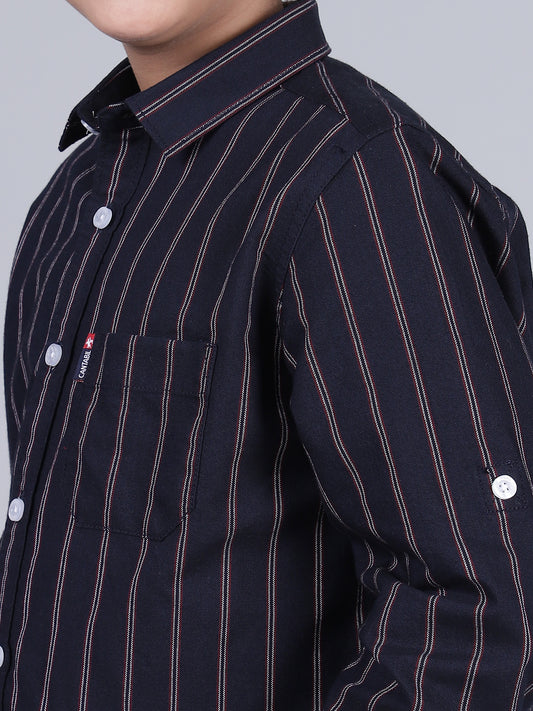 Boys Striped Navy Blue Full Sleeves Spread Collar Casual Shirt