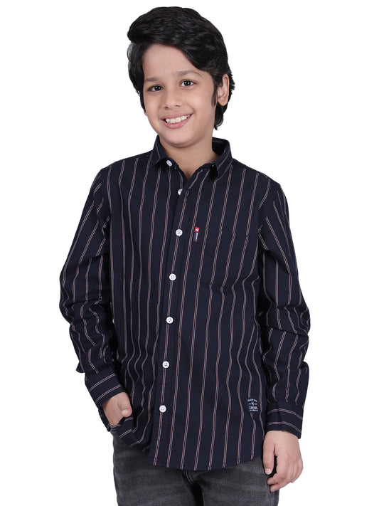 Boys Striped Navy Blue Full Sleeves Spread Collar Casual Shirt
