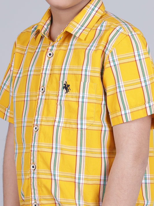 Boys Yellow Checkered Half Sleeves Spread Collar Casual Shirt