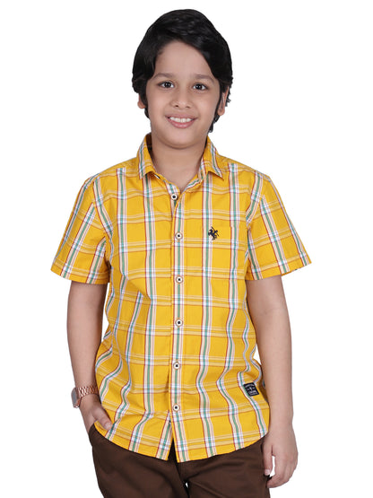 Boys Yellow Checkered Half Sleeves Spread Collar Casual Shirt
