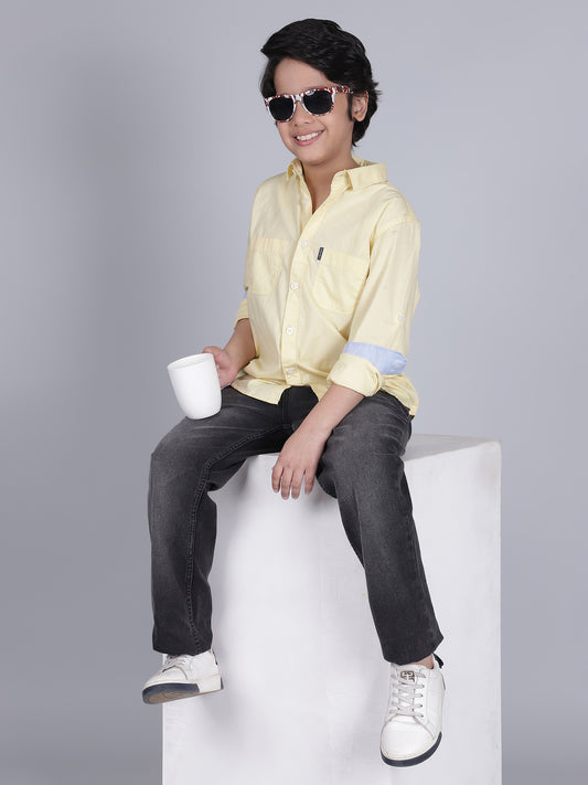 Boys Lemon Solid Full Sleeves Spread Collar Casual Shirt