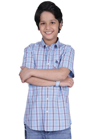 Boys Checkered Blue Half Sleeves Spread Collar Casual Shirt