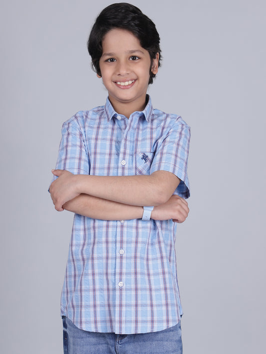 Boys Checkered Blue Half Sleeves Spread Collar Casual Shirt