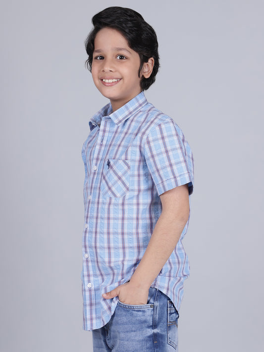 Boys Checkered Blue Half Sleeves Spread Collar Casual Shirt