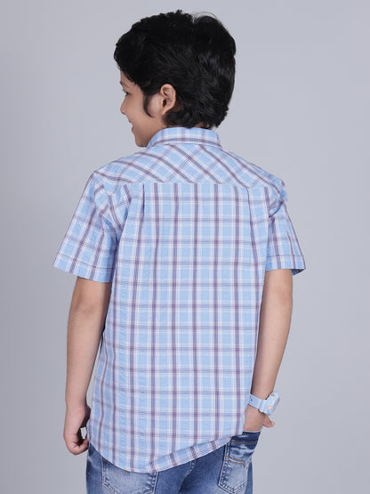 Boys Checkered Blue Half Sleeves Spread Collar Casual Shirt