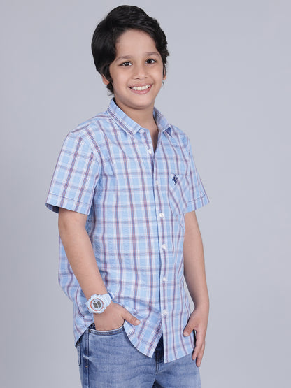 Boys Checkered Blue Half Sleeves Spread Collar Casual Shirt