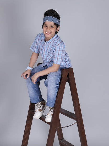Boys Checkered Blue Half Sleeves Spread Collar Casual Shirt
