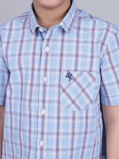 Boys Checkered Blue Half Sleeves Spread Collar Casual Shirt