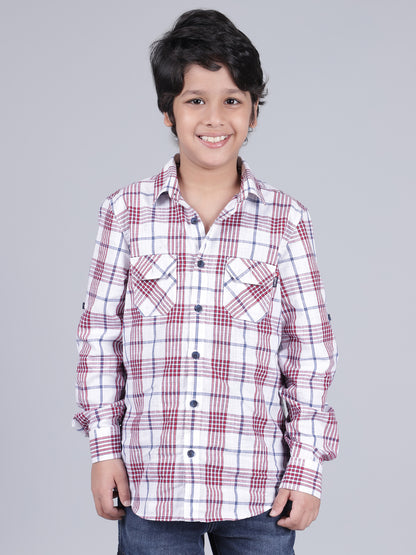 Boys Checkered White Full Sleeves Spread Collar Casual Shirt