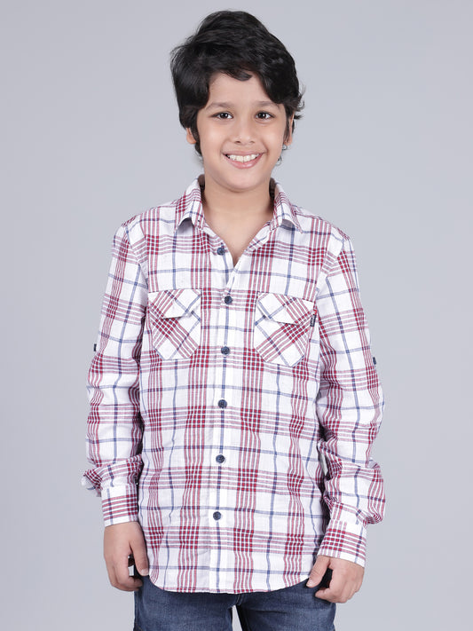 Boys Checkered White Full Sleeves Spread Collar Casual Shirt