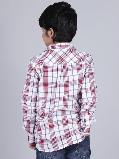 Boys Checkered White Full Sleeves Spread Collar Casual Shirt