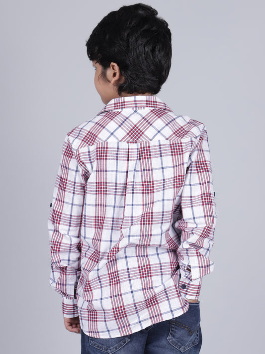 Boys Checkered White Full Sleeves Spread Collar Casual Shirt