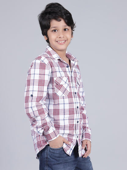 Boys Checkered White Full Sleeves Spread Collar Casual Shirt