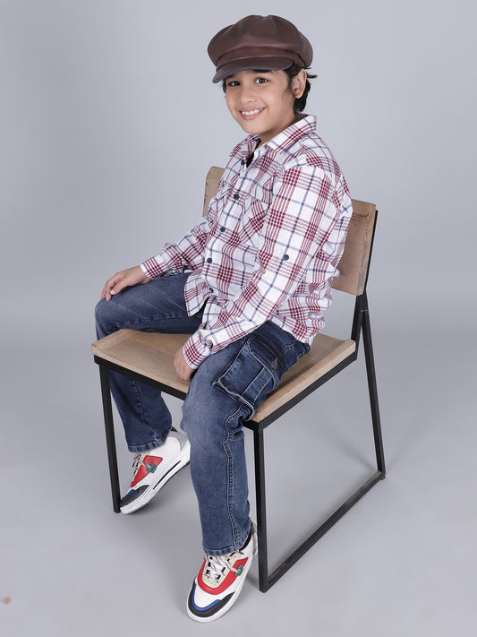 Boys Checkered White Full Sleeves Spread Collar Casual Shirt