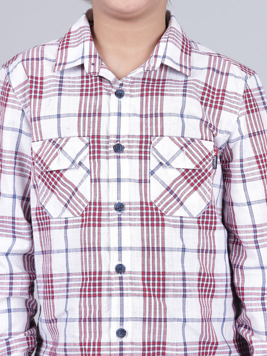 Boys Checkered White Full Sleeves Spread Collar Casual Shirt