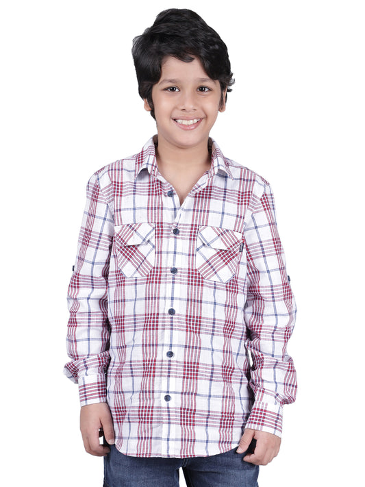 Boys Checkered White Full Sleeves Spread Collar Casual Shirt