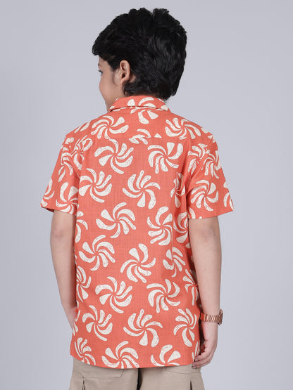 Boys Printed Red Half Sleeves Spread Collar Casual Shirt