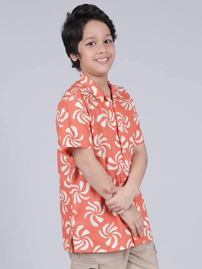 Boys Printed Red Half Sleeves Spread Collar Casual Shirt