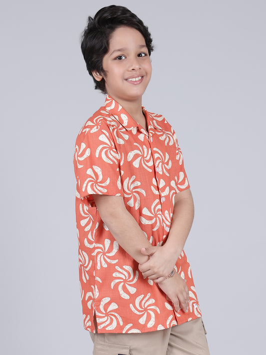 Boys Printed Red Half Sleeves Spread Collar Casual Shirt