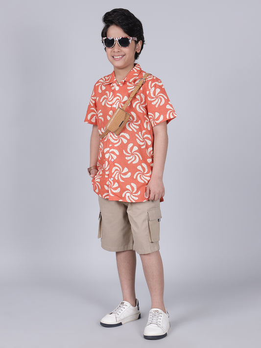 Boys Printed Red Half Sleeves Spread Collar Casual Shirt