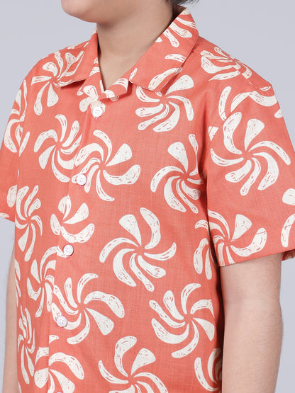 Boys Printed Red Half Sleeves Spread Collar Casual Shirt