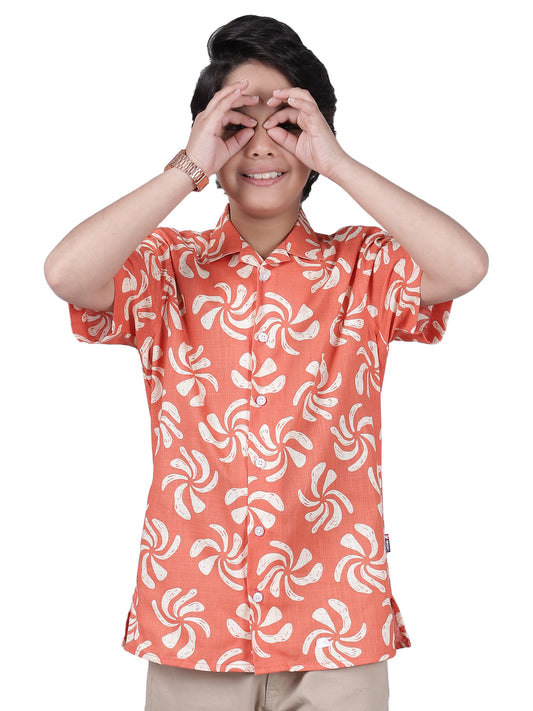 Boys Printed Red Half Sleeves Spread Collar Casual Shirt