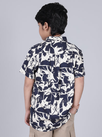 Boys Printed Navy Blue Half Sleeves Spread Collar Casual Shirt
