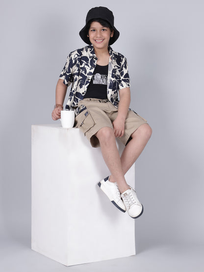 Boys Printed Navy Blue Half Sleeves Spread Collar Casual Shirt