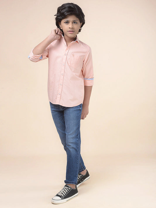 Casual Shirt for Boys l Breathable & Soft with Color Fastness Regular Fit Spread Collar Cotton Fabric Self Design Pattern