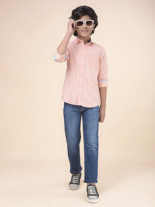 Casual Shirt for Boys l Breathable & Soft with Color Fastness Regular Fit Spread Collar Cotton Fabric Self Design Pattern