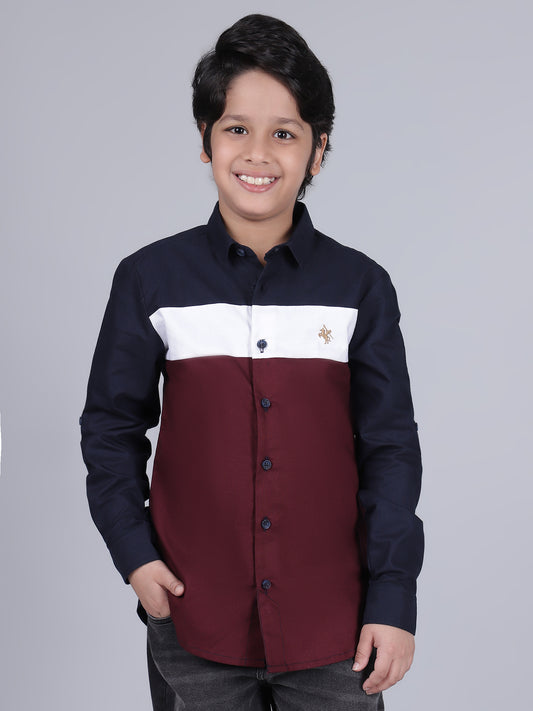 Boys Mix Color Block Full Sleeves Spread Collar Casual Shirt