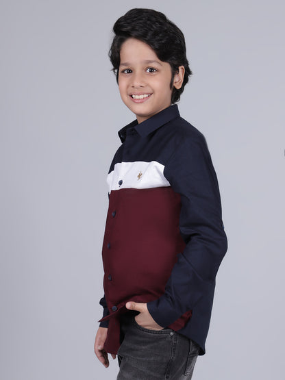 Boys Mix Color Block Full Sleeves Spread Collar Casual Shirt