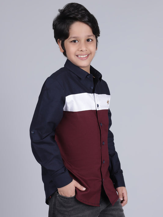 Boys Mix Color Block Full Sleeves Spread Collar Casual Shirt