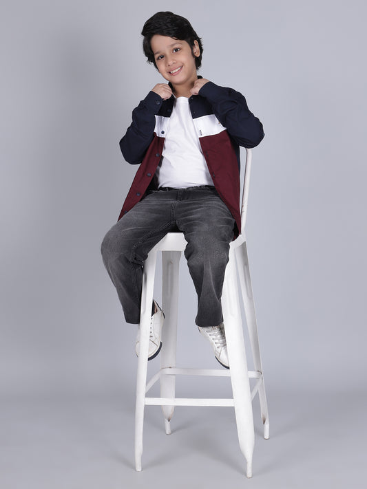 Boys Mix Color Block Full Sleeves Spread Collar Casual Shirt