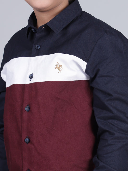 Boys Mix Color Block Full Sleeves Spread Collar Casual Shirt