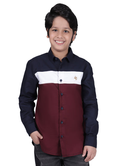 Boys Mix Color Block Full Sleeves Spread Collar Casual Shirt