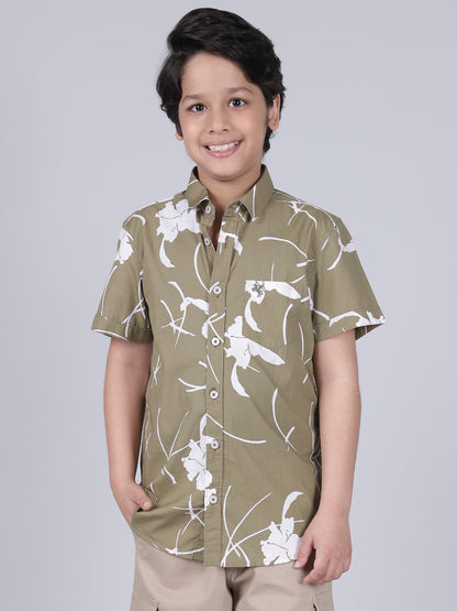 Boys Printed Olive Green Half Sleeves Spread Collar Casual Shirt